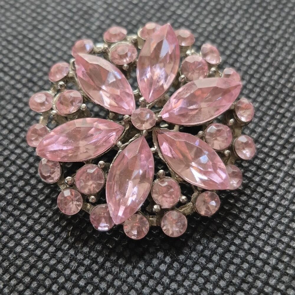 Vintage Floral Brooch Pin Silver Tone Metal Pink Rhinestone Starburst 1/2 Inches